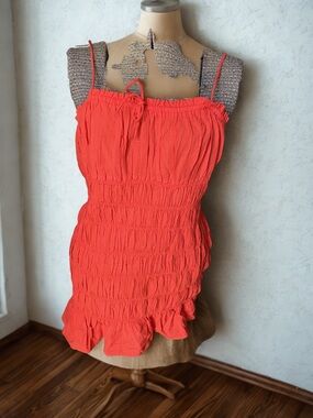 H&M Coral Red Smocked Ruffle Spaghetti Strap Dress